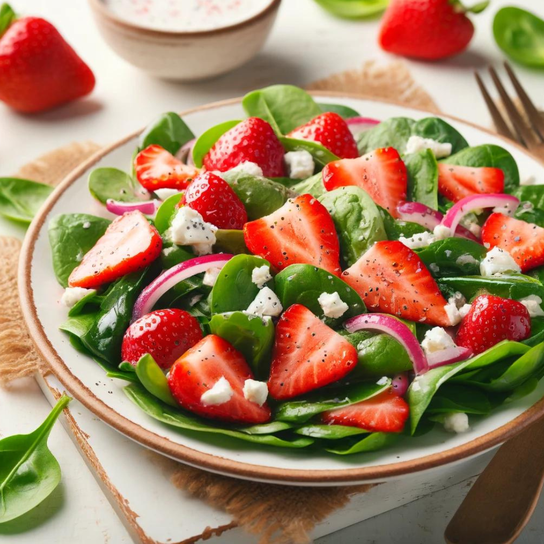 Fresh and vibrant Strawberry Spinach Salad with Poppy Seed Dressing featuring sliced strawberries, baby spinach, crumbled feta, red onion, and a sprinkle of poppy seeds on a white plate. Perfect for a healthy spring or summer meal.