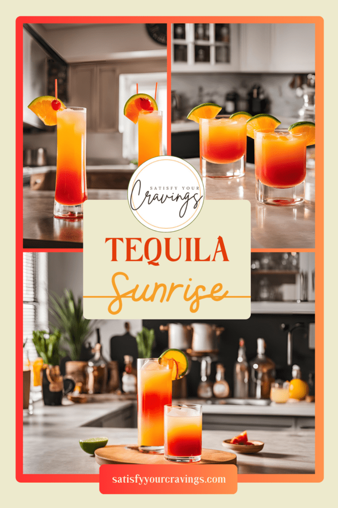 Tequila Sunrise Cocktail Recipe - Vibrant and Refreshing Drink with Tequila, Orange Juice, and Grenadine. Perfect for Summer Parties and Brunches. Find the Full Recipe and Tips at SatisfyYourCravings.com.