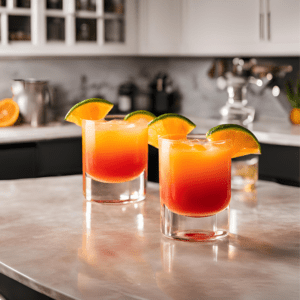 Two Tequila Sunrise cocktails on a kitchen countertop, showcasing a vibrant gradient of orange juice and grenadine, garnished with fresh orange slices. Perfect for summer parties and brunches. Find the full recipe at SatisfyYourCravings.com.