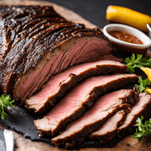 Juicy Texas Style Smoked Brisket slices on a wooden cutting board with sides in the background