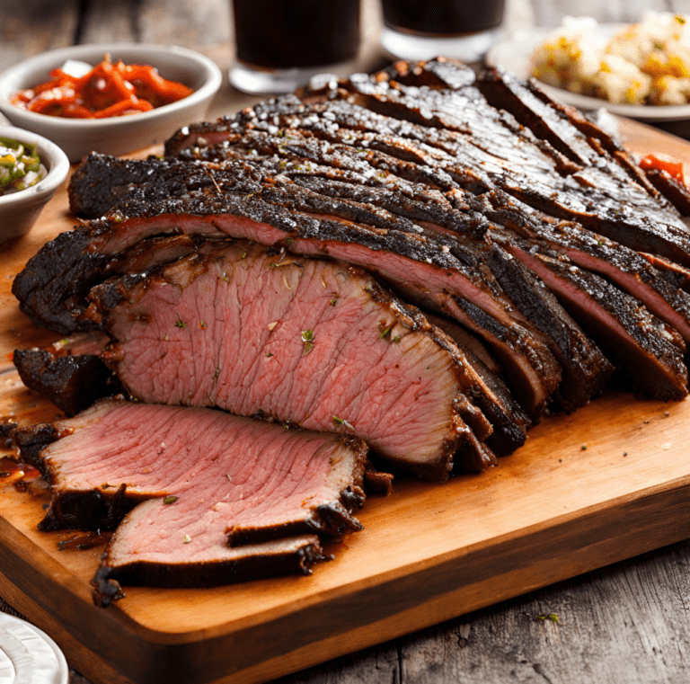 Juicy Texas Style Smoked Brisket slices on a wooden cutting board with sides in the background