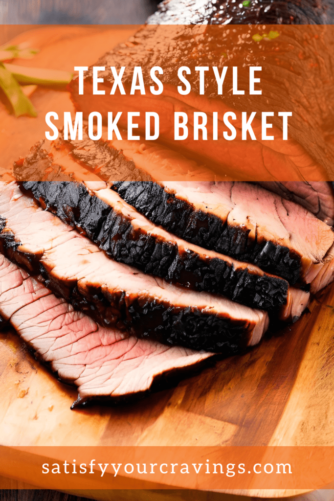 Texas Style Smoked Brisket slices on a wooden cutting board