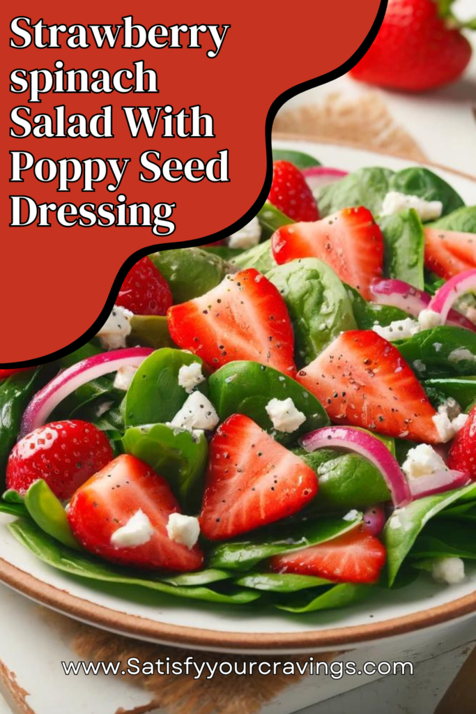 Fresh and vibrant Strawberry Spinach Salad with Poppy Seed Dressing featuring sliced strawberries, baby spinach, crumbled feta, red onion, and a sprinkle of poppy seeds on a white plate. Perfect for a healthy spring or summer meal.