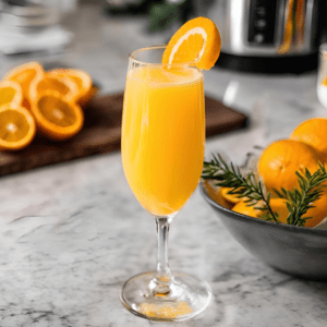 Freshly poured Mimosa in a tall champagne flute garnished with an orange slice, surrounded by halved oranges and rosemary sprigs on a marble countertop.