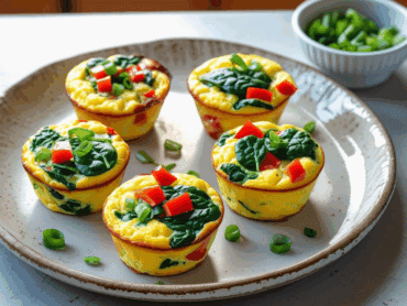 Freshly baked egg muffins with spinach and red peppers on a ceramic plate, garnished with green onions.