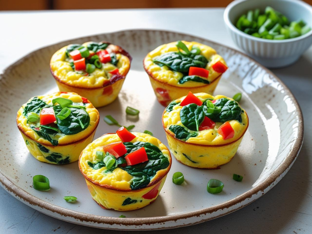 Freshly baked egg muffins with spinach and red peppers on a ceramic plate, garnished with green onions.