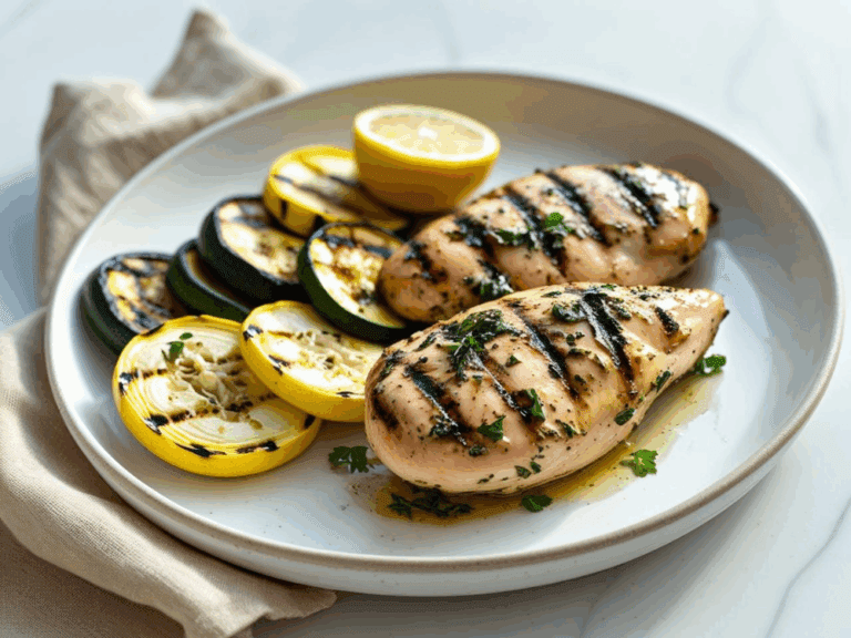 Grilled herb-marinated chicken breasts with yellow squash and zucchini slices on a plate with lemon garnish.