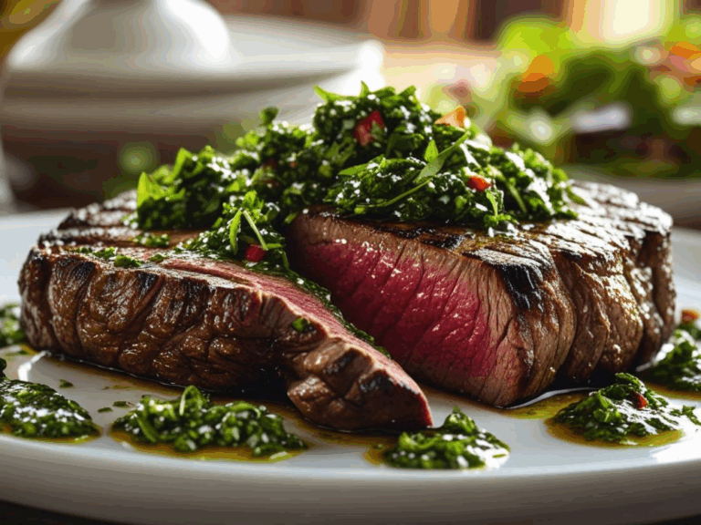 Close-up of grilled steak topped with chimichurri sauce and sliced to show a juicy, medium-rare interior