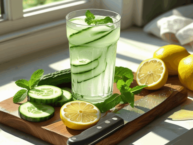 A glass of cucumber lemonade with cucumber slices, mint, and lemons on a wooden cutting board in natural sunlight