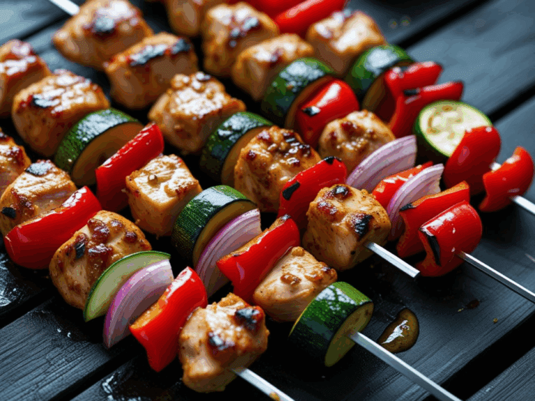 grilled chicken kabobs with bell peppers, zucchini, and red onions on a dark wood background