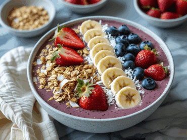 Acai bowl with granola, banana slices, strawberries, blueberries, and coconut on a marble surface