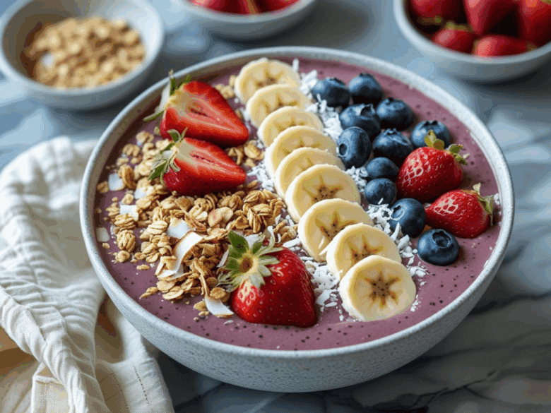 Acai bowl with granola, banana slices, strawberries, blueberries, and coconut on a marble surface