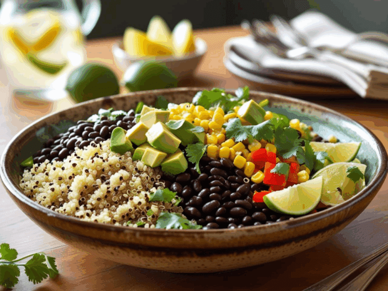 A side-angle view of a quinoa and black bean salad served in a shallow ceramic bowl placed on a wooden table. The salad is layered with fluffy quinoa, black beans, diced avocado, corn, red bell pepper, and fresh cilantro, with visible lime wedges tucked on the side. The background includes a softly blurred pitcher of lemon water, a linen napkin, and utensils. Natural light pours in from the side, highlighting the textures and freshness of the ingredients.