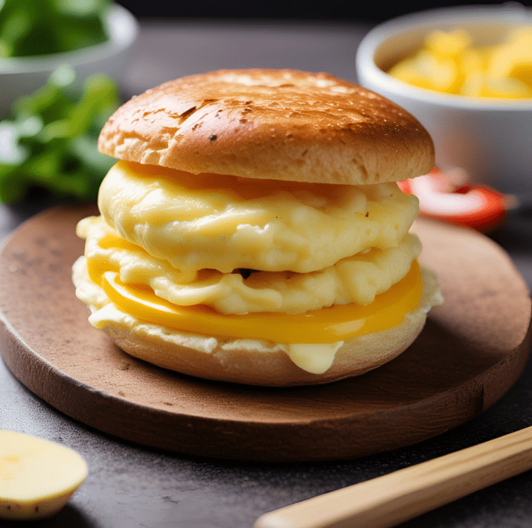 Egg and Cheese Breakfast Sandwich with fluffy eggs and melted cheese on a toasted bun.