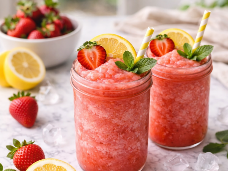 Two strawberry lemonade slushies in mason jars on a white marble counter with strawberries, lemon halves, mint, and ice cubes.