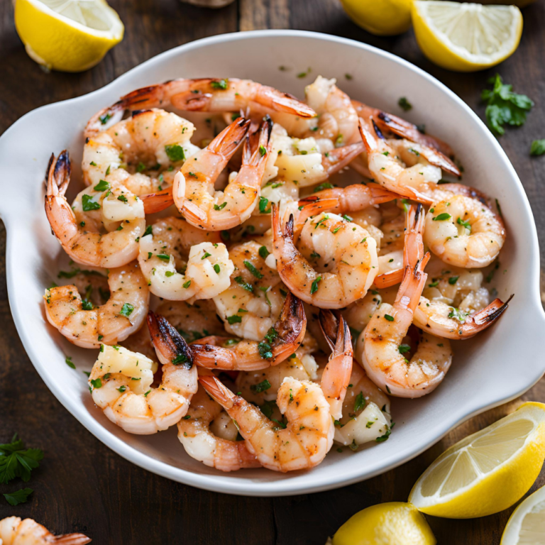 A bowl of grilled shrimp with garlic and lemon, garnished with fresh parsley and lemon wedges. This healthy and flavorful seafood dish is perfect for summer barbecues and quick dinners. Discover the full recipe and more delicious meals at Satisfy Your Cravings. #GrilledShrimp #HealthyRecipes #SeafoodDelights #SatisfyYourCravings