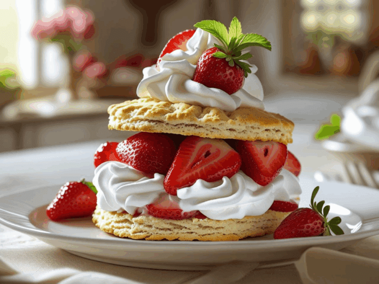 Strawberry shortcake with whipped cream and fresh berries served on a white plate in a cozy kitchen setting.