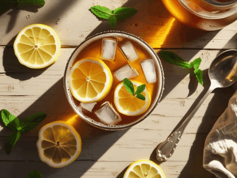 Overhead view of a glass of iced tea with lemon slices, ice cubes, mint, and a vintage spoon on a rustic white wooden table