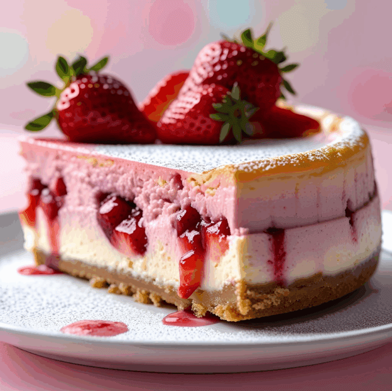 Slice of strawberry cheesecake with layers and whole strawberries on top.