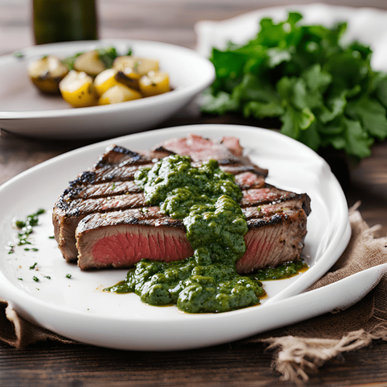 Sliced grilled steak with chimichurri sauce on a white plate, garnished with herbs, accompanied by a side dish of grilled potatoes and a bunch of fresh parsley.