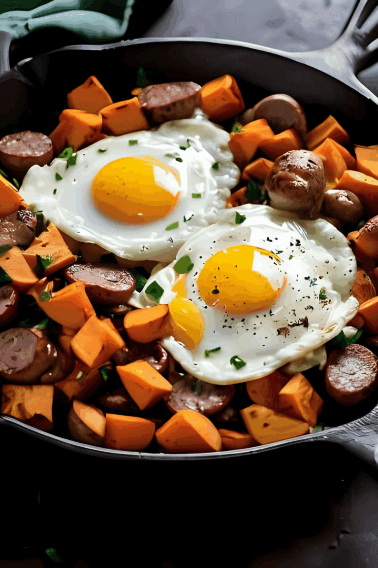 Skillet with sweet potatoes, sausage slices, and two sunny-side-up eggs