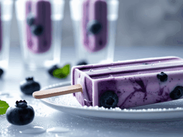 Close-up of a blueberry yogurt popsicle on a white plate with water droplets and fresh blueberries