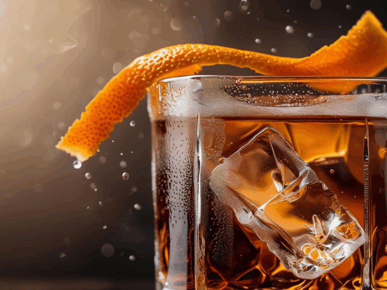 Close-up of an Old Fashioned cocktail with orange peel and ice, with droplets suspended in the air.