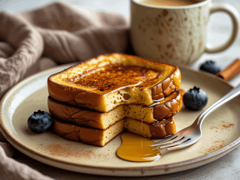 A close-up of stacked French toast with a bite taken out, served with maple syrup and blueberries next to a coffee mug