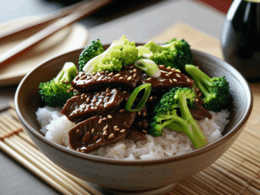 Beef and broccoli stir fry served over jasmine rice in a ceramic bowl, topped with scallions and sesame seeds