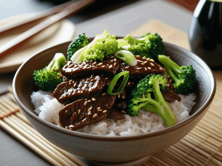Beef and broccoli stir fry served over jasmine rice in a ceramic bowl, topped with scallions and sesame seeds
