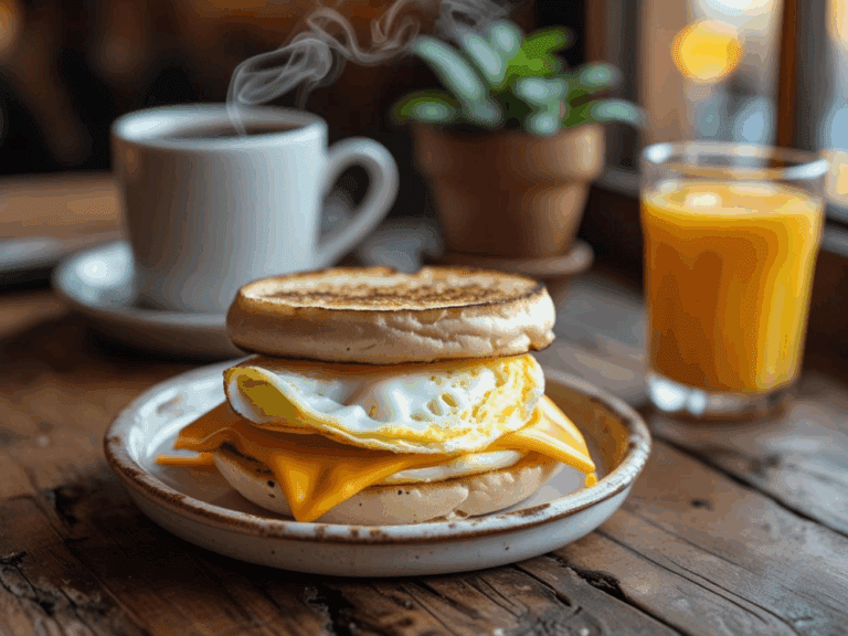 Egg and cheese breakfast sandwich with coffee and orange juice in a cozy café setting