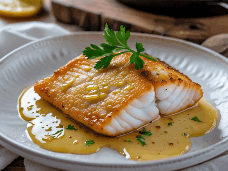 Golden-brown pan-seared catfish fillet topped with parsley and drizzled in garlic butter sauce on a white plate.