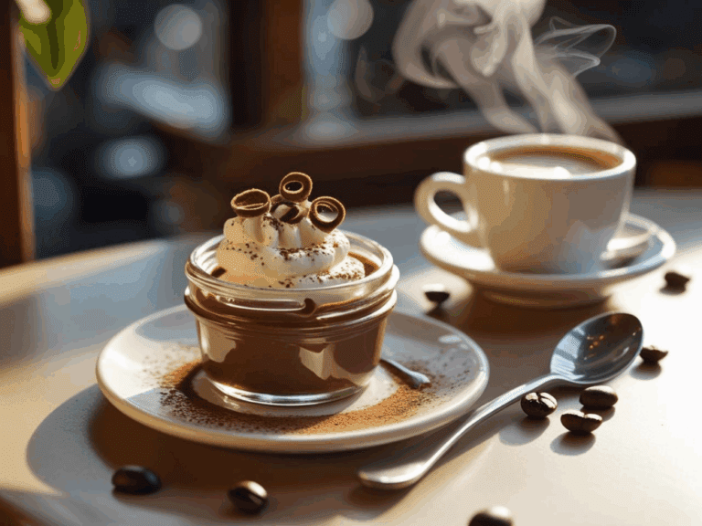 Espresso chocolate pudding in a glass jar topped with whipped cream, chocolate curls, and cocoa powder, served with a cup of steaming coffee.