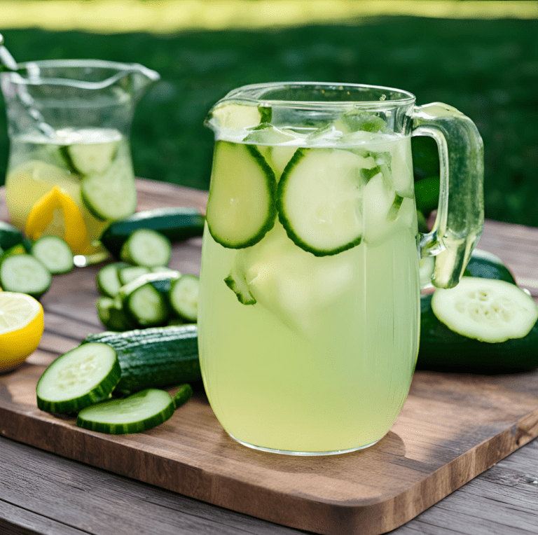 Pitcher of cucumber lemonade with sliced cucumbers and lemons on a wooden table.