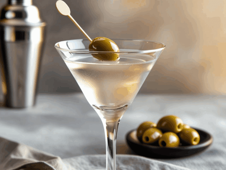 Close-up of a classic vodka martini with a single olive garnish on a pick, with a stainless steel shaker and a bowl of olives in the background.