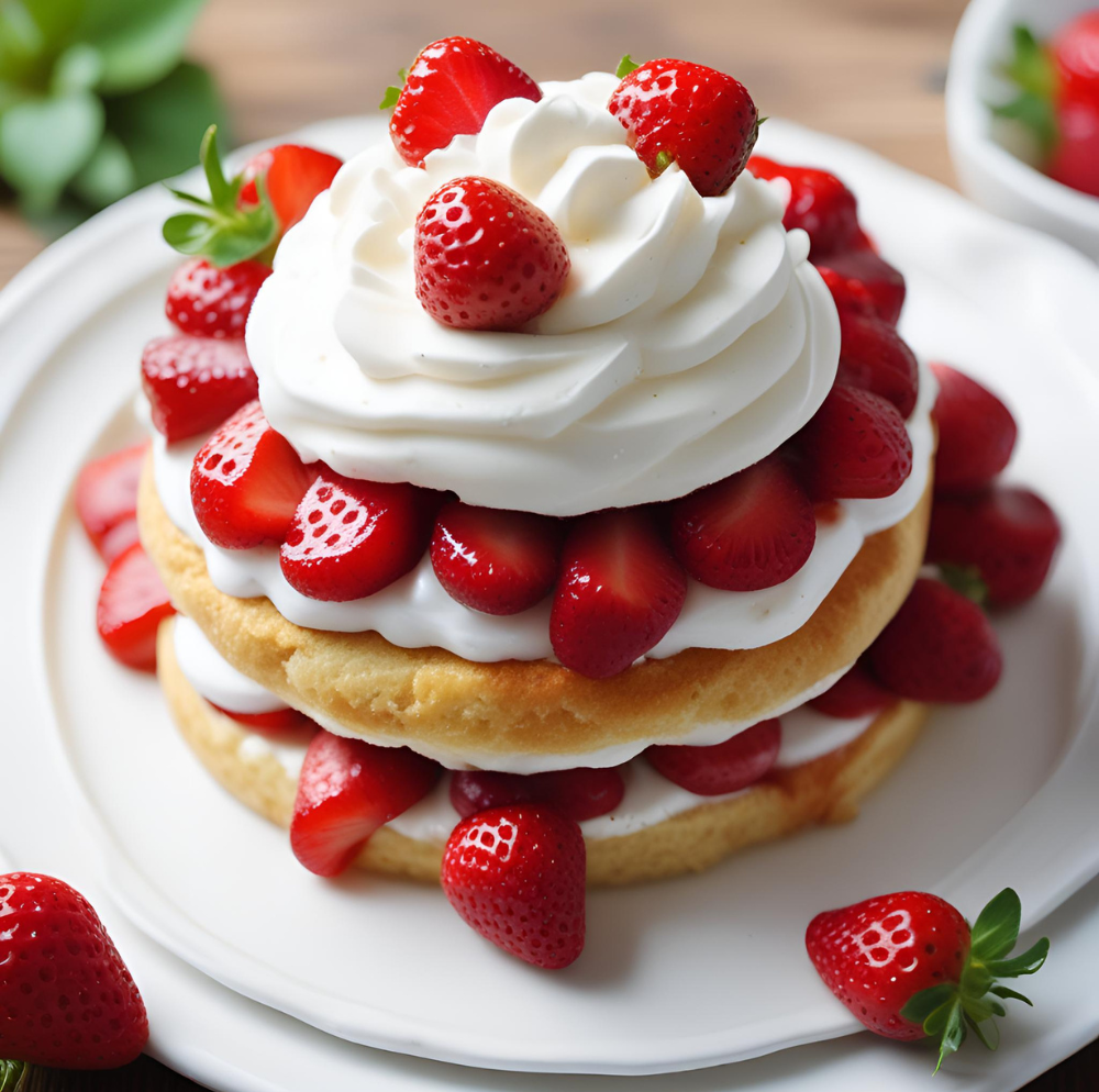 A close-up view of a Strawberry Shortcake with layers of shortcake, fresh strawberries, and whipped cream, garnished with whole strawberries on top, served on a white plate.