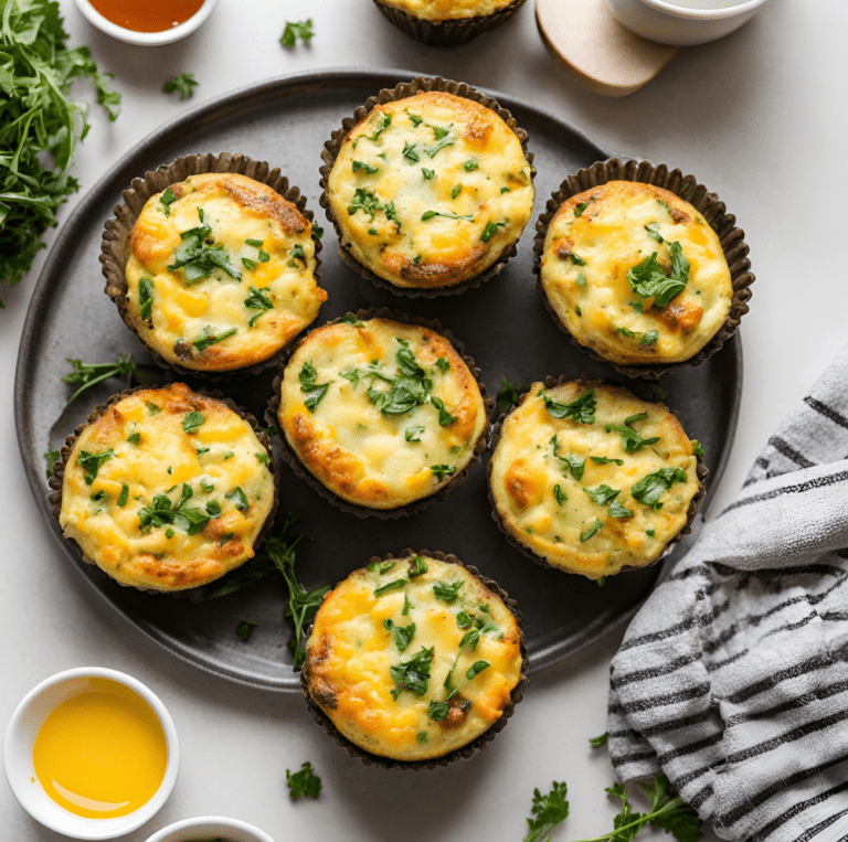 A plate of freshly baked egg muffins garnished with chopped parsley, arranged beautifully on a dark plate. The muffins are golden brown with melted cheese on top. Surrounding the plate are small bowls of ingredients and a striped kitchen towel.