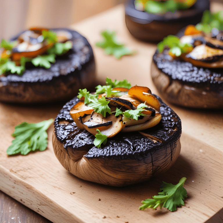 Grilled Portobello mushrooms topped with sautéed mushrooms and fresh herbs on a wooden cutting board.