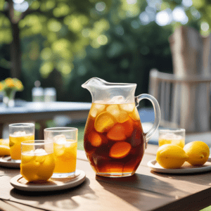 Pitcher of refreshing homemade iced tea with lemon slices surrounded by glasses of iced tea and fresh lemons on a sunny outdoor table. Discover the best iced tea recipe at SatisfyYourCravings.com for a perfect summer drink.