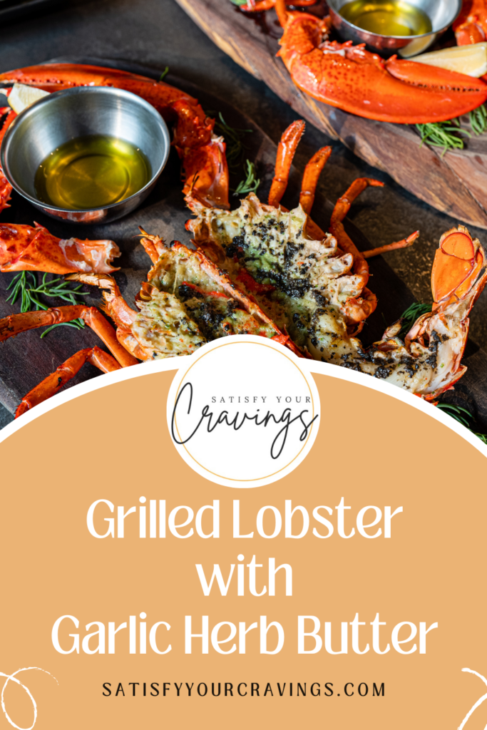 Grilled lobster with garlic herb butter served on a wooden board with a bowl of melted butter, beautifully presented and ready to elevate your summer BBQs. Visit Satisfy Your Cravings for the full recipe and grilling tips.