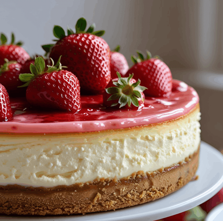 Cheesecake with pink strawberry glaze and fresh strawberry slices.