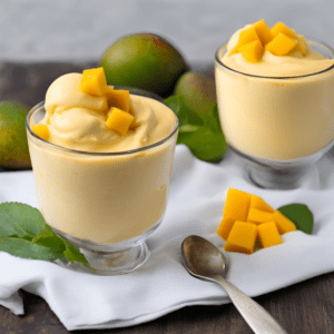 Creamy mango frozen yogurt served in glass cups, topped with fresh mango cubes, on a white cloth with mangoes in the background.