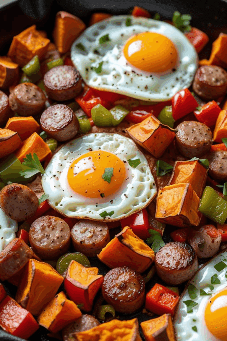 Cast iron skillet filled with sausage, sweet potatoes, peppers, and eggs