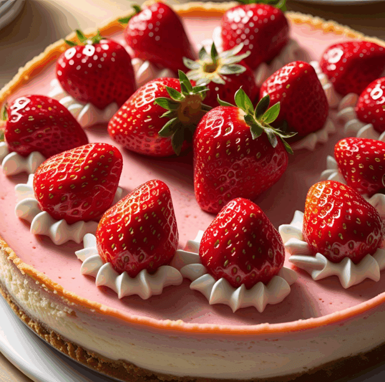 Strawberry cheesecake topped with whole strawberries and decorative whipped cream swirls on a pink glaze.