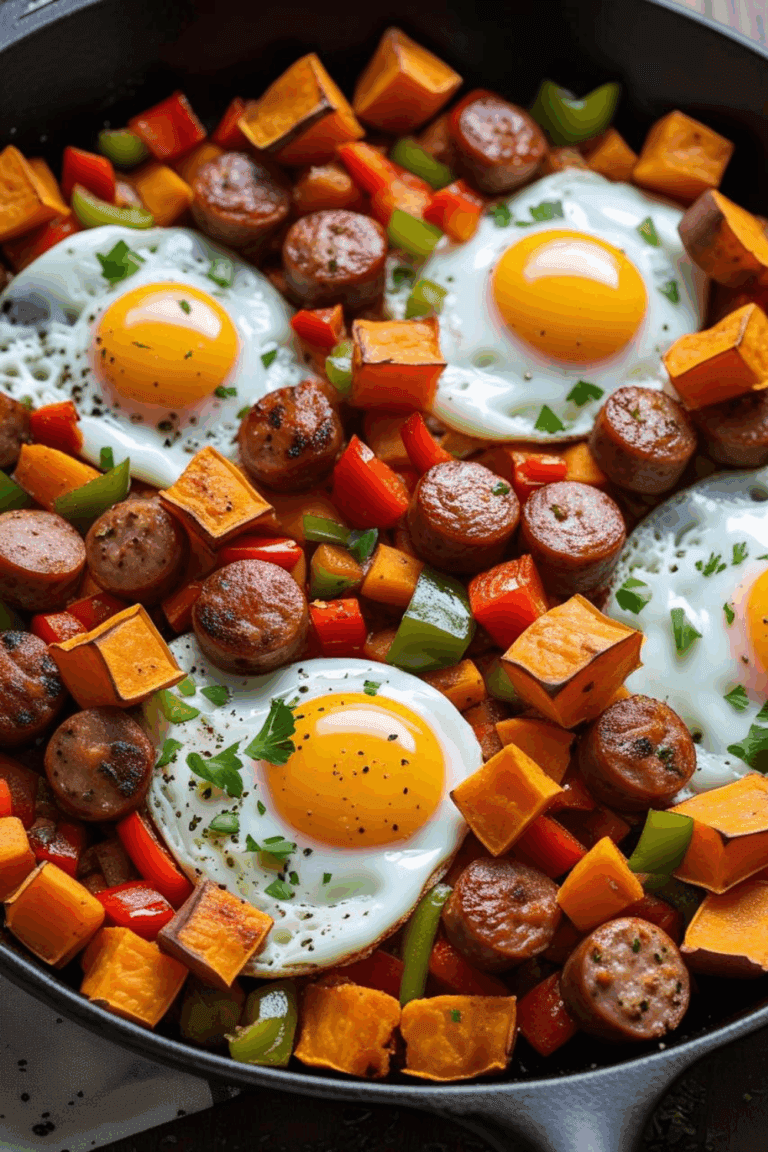 Colorful breakfast skillet with sweet potatoes, sausage, bell peppers, and sunny-side-up eggs