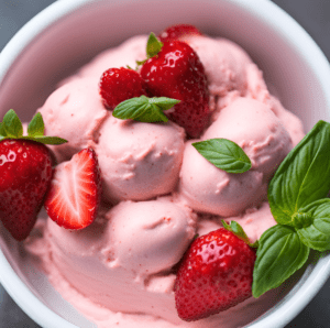 Close-up of strawberry basil frozen yogurt scoops in a bowl, adorned with fresh strawberries and basil leaves.