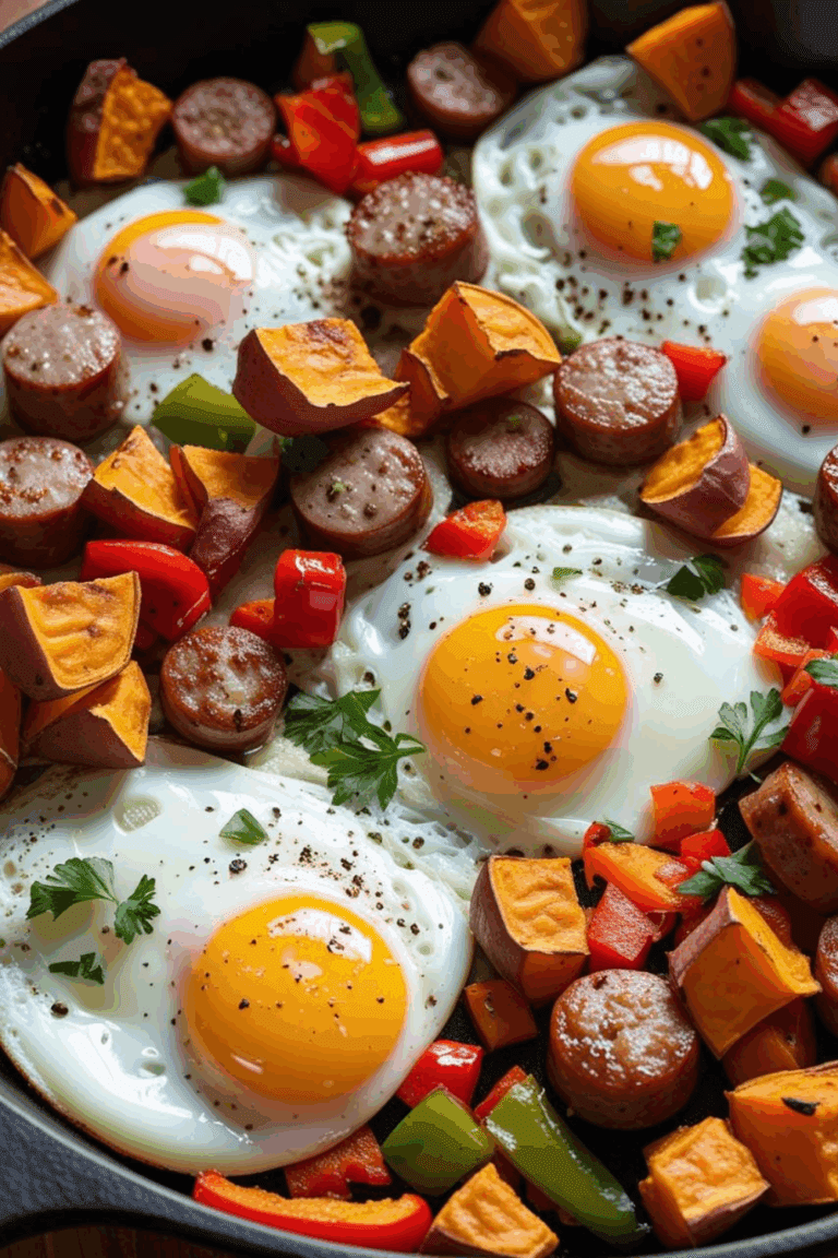 Close-up of a breakfast skillet with four sunny eggs, sausage, and roasted sweet potatoes