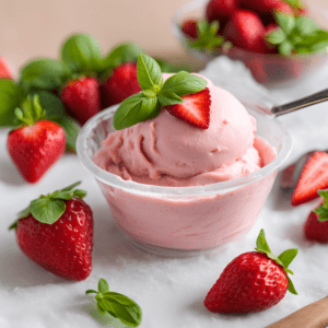 A bowl of creamy strawberry frozen yogurt topped with a fresh strawberry slice and basil leaves, surrounded by whole strawberries and basil.