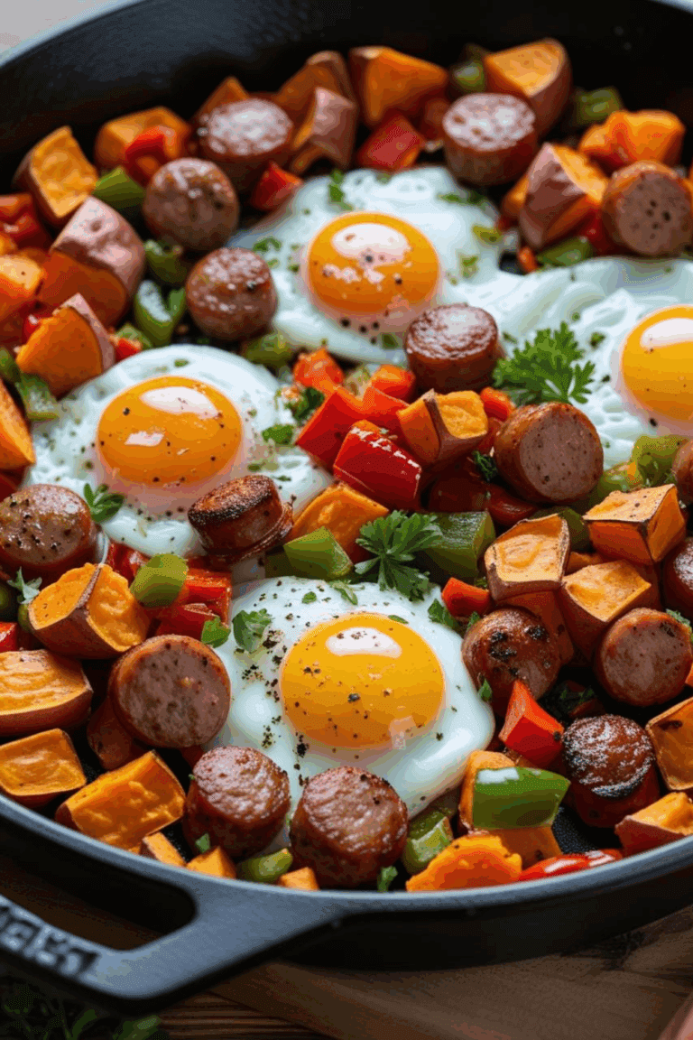 Overhead view of sweet potato, sausage, and egg breakfast skillet in cast iron pan