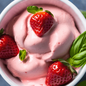 Strawberry frozen yogurt garnished with whole strawberries and fresh basil leaves.